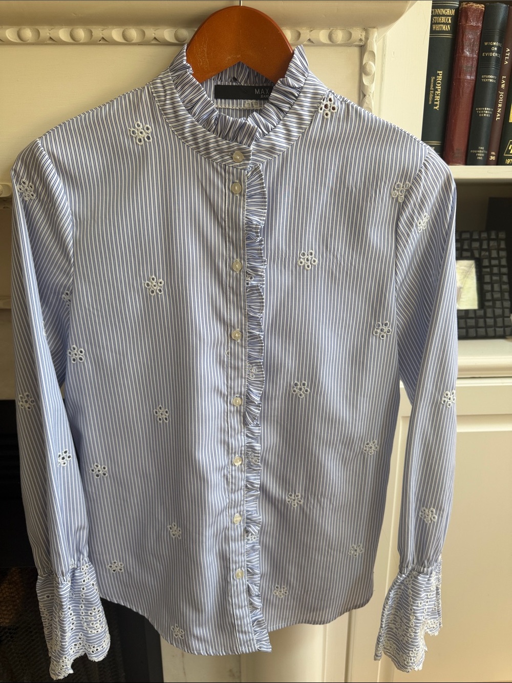 Max Jeans Blue White Striped Eyelet Ruffle Button Down Blouse Top Small